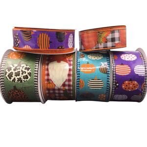 Fall Ribbon Lot 6 Rolls Wired Edge Pumpkins Plaid Gnomes Animal Print Autumn